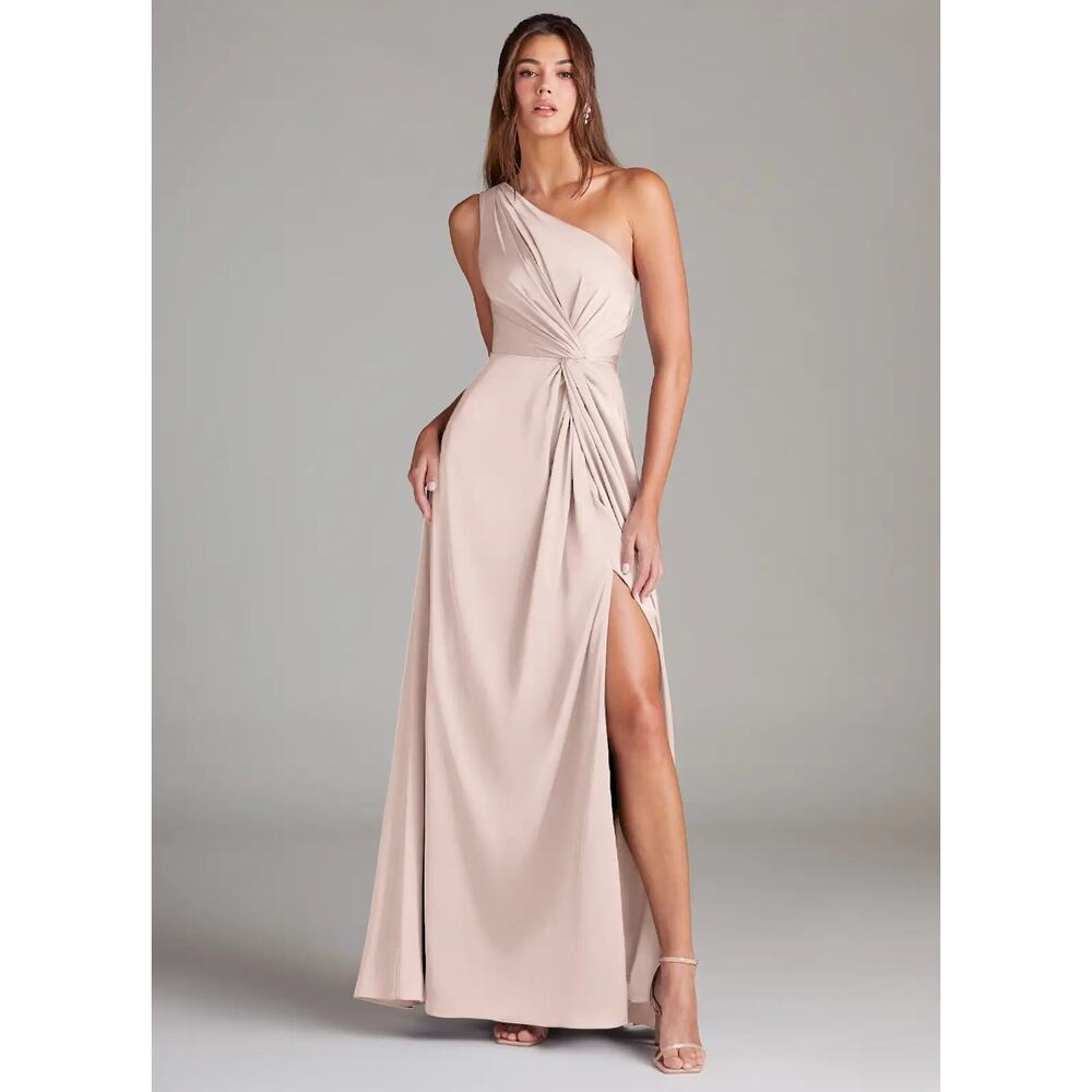 NWT Azazie Brooke A-Line One Shoulder Stretch Satin Dress Blushing Pink Size A0